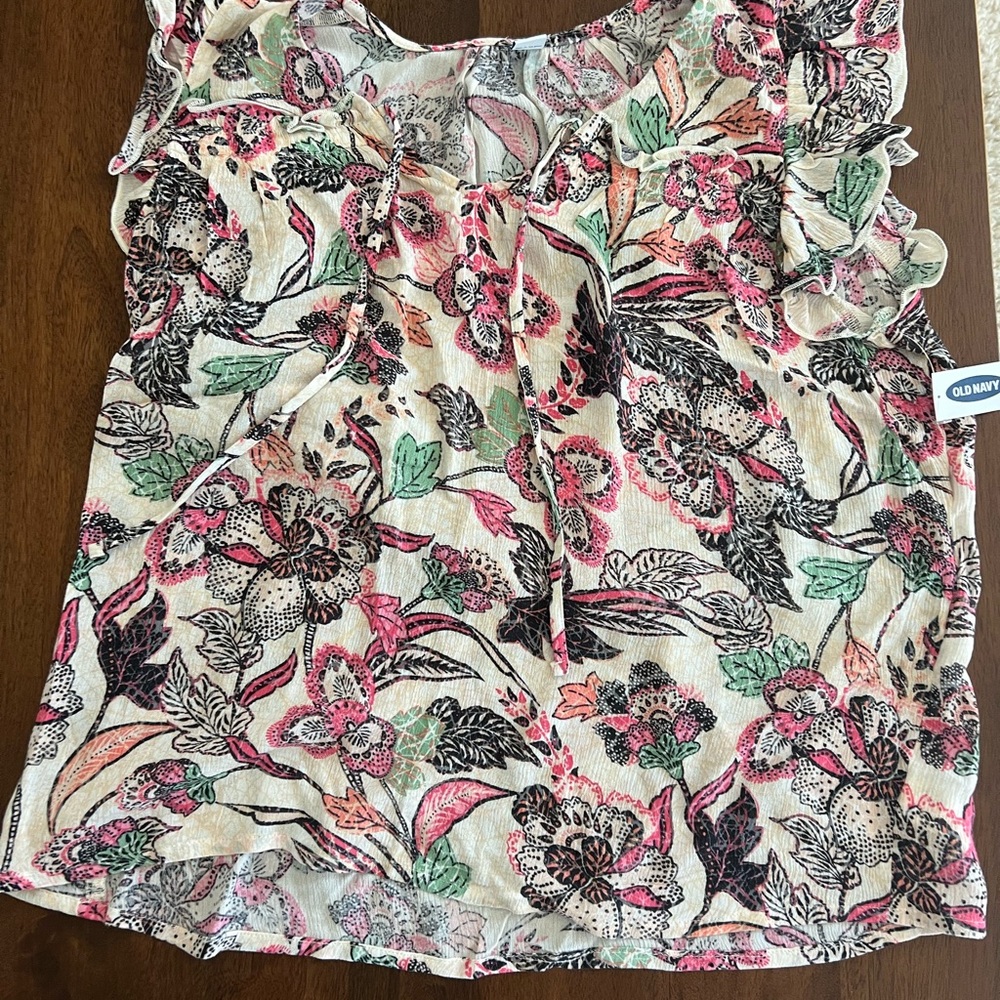 Old Navy Pink and Green Ruffled Tie Front Blouse